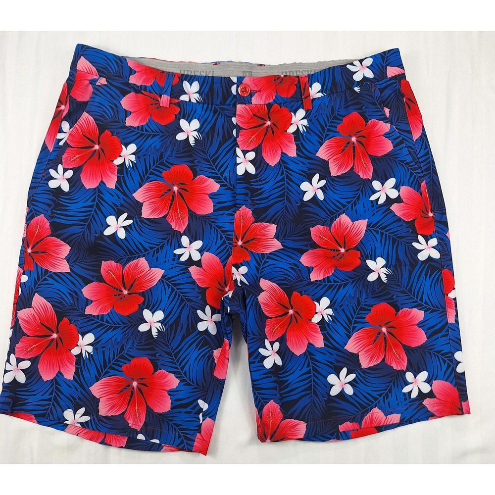 Hreski Mens Tropical Hibiscus Golf Shorts Blue Red‎ Floral Stretch Size 40
